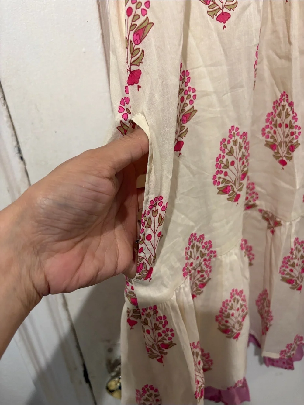 THML Pink and Cream Floral Ruffle Tiered Dress